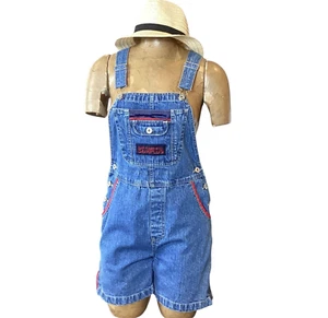 VTG 90s BUM EQUIPMENT Denim/Jean Bib Shortalls/Short Overalls S + Hat #334H - Picture 1 of 9