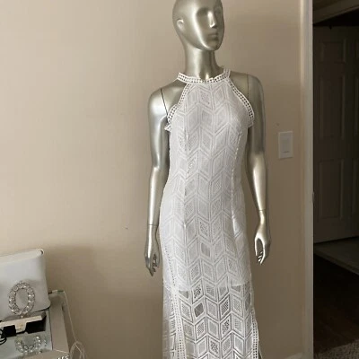 Backless Elegant White Lace Maxi Boho Casual Beach Vacation Dress wedding L Lg - Image 1 of 4