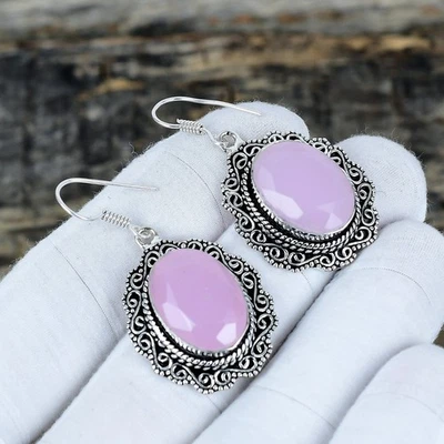 Rosa Calcedony Gemma a Mano 925 Argento Sterling Massiccio Gioielli Orecchino - Immagine 1 di 4