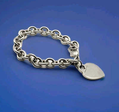 TIFFANY & CO. 925 Pulsera de Eslabones O Esterlina Inscriptible Corazón Dije Tamaño 7.5" Foto 1 de 4