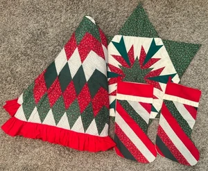 Handmade Quilted Christmas Tree Skirt 57” With Stockings & Table Topper - Picture 1 of 10