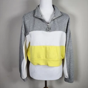 SWS Crop Sweatshirt Womens Large Pullover Gray Yellow Stripe Oversize Cropped - Picture 1 of 9
