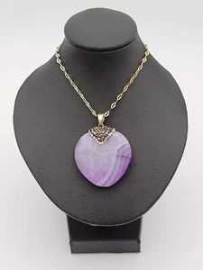 Stunning Equilibrium Purple Agate Heart And Rhinestone Pendant Chain Necklace - Picture 1 of 16