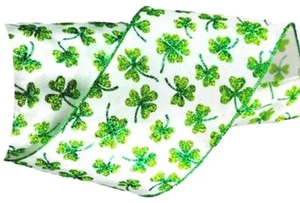 St. Patricks 4" by 2 yards Green Glittered Shamrocks White Satin Wired Ribbon - Picture 1 of 2