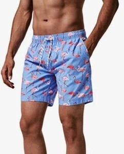 Maamgic Mens Small Shorts Flamingo Print Drawstring Waist Swim Trunks Blue - Picture 1 of 19