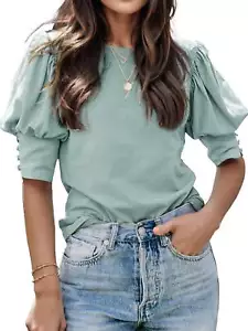 Women's Casual Puff Sleeve Tops Crew Neck Loose Blouse Shirts - Picture 1 of 12