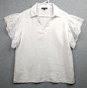 Gordon Smith Top Womens 10 White Linen V Neck Broderie Anglaise Sleeve Casual - Picture 1 of 10