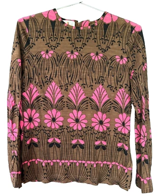 Delle Celle Wool & Silk Knit Pullover Brown w Pink Flowers Size 8 MCM 1970s - Image 1 of 4