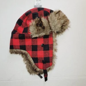 Rue 21 Lumberjack Trapper Hat Unisex Red Black Plaid Faux Fur Snap Buckle OS - Picture 1 of 6