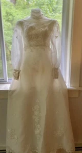 Vintage Brautkleid weiß transparente Ärmel Empire Taille Handarbeit Gr. Small - Bild 1 von 21