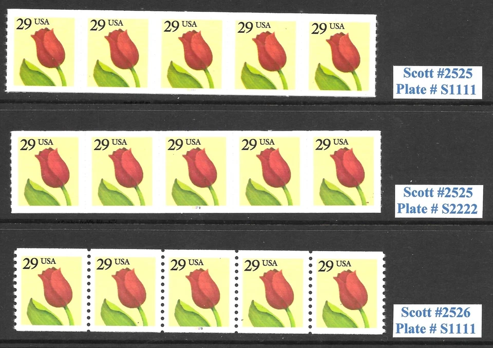 Scott #2525, #2526 29c Tulip PNC5s, Complete Set of 3, VF+ QUALITY! Cat-$12.25 - Image 1 of 1