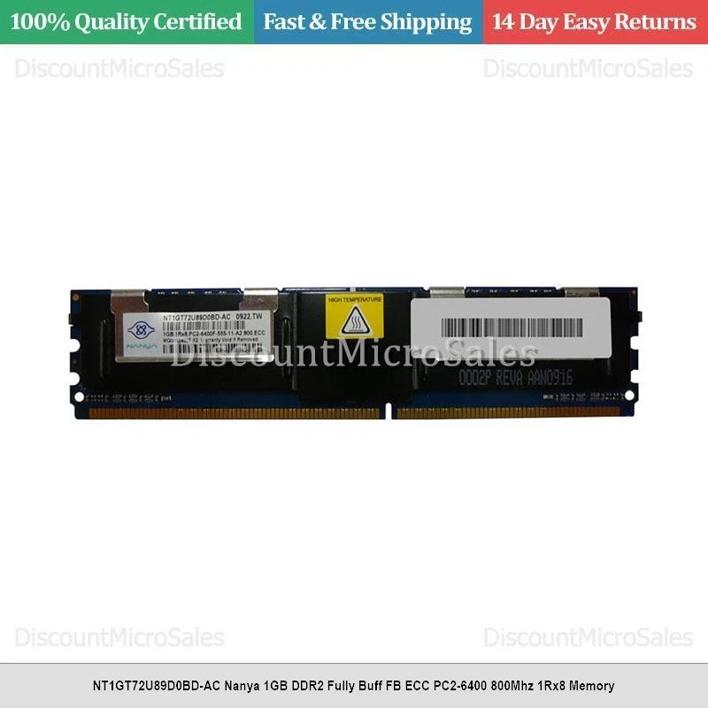NT1GT72U89D0BD-AC Nanya 1GB DDR2 Fully Buff FB ECC PC2-6400 800Mhz 1Rx8 Memory - Image 1 of 1