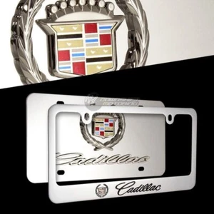 3D CADILLAC Logo Stainless Steel License Plate Frame-2PCS Front & Back AUTHENTIC - Picture 1 of 8