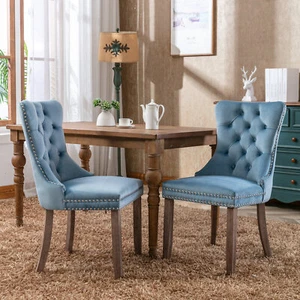 2 Set Modern Velvet Upholstered Dining Chairs Button Tufted Wood Legs Light Blue - Picture 1 of 9