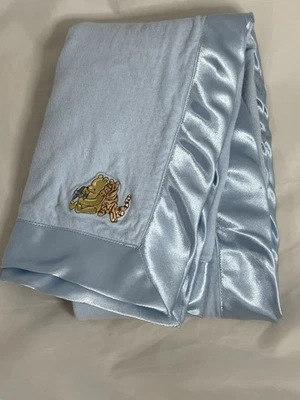Vintage Disney Winnie Pooh & Tigger Satin Trim Blue Baby Blanket 36”x30” Dot - Image 1 of 4