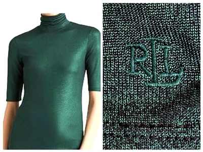 LRL METALLIC SHIMMER TURTLENECK LOGO TOP ELBOW SLEEVES FESTIVE HOLIDAY GREEN EC - Image 1 of 4