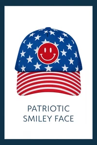 Patriotic Smiley Face Ballcap – Red, White & Blue Stripes with Stars - Picture 1 of 8