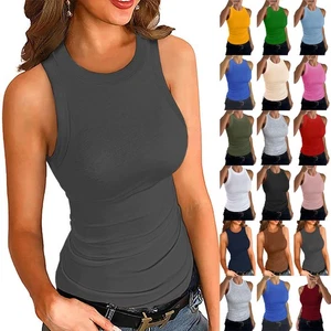 Ladies Sleeveless Ribbed Stretchy Tee Tops T-shirts Casual Summer Cami Tank Vest - Picture 1 of 30