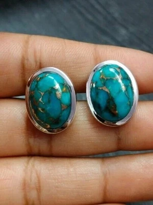 Подарок отцу ювелирные изделия серебро 925 пробы запонки овальные драгоценные камни медь бирюза - Изображение 1 из 3