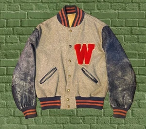 VTG 60s Howe Letterman Varsity Jacket Distressed Wool Leather Blue Grey Med 40 - Picture 1 of 18