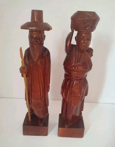 1984 Vintage Hand Carved Wood Figurines  Man, Woman & Child 11.5" Made In Korea  - Picture 1 of 8
