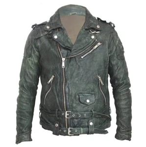 Mens Retro Moto Biker Leather Jacket Wrinkle Vintage Look Real Leather Coat - Picture 1 of 7