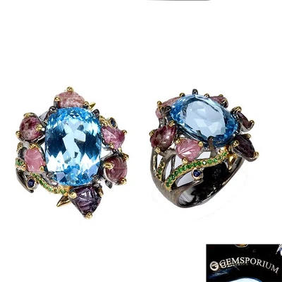 Anello in argento sterling 925 topazio blu 15 ct tormalina fatto a mano... - Immagine 1 di 4