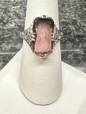 Antique Victorian Era Sterling Silver Filagree Intaglio Lady Amethyst Ring 7 3/4 - Image 1 of 4