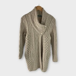 ARAN CRAFTS Irish Cable Knit Wool Natural Beige Long 3 Button Cardigan Sz Small - Picture 1 of 6