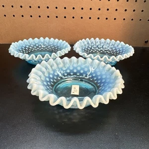 3 Fenton Blue Opalescent Crimped Hobnail Bowl or Nappy 1.5” Tall - Picture 1 of 5