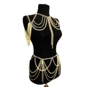 Frauen Gold Schulter Körper Taille Quaste Kette Bikini Geschirr Halskette - Bild 1 von 10