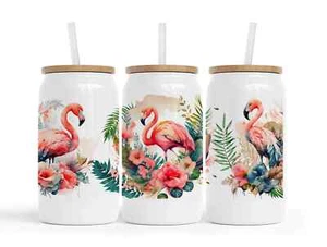 Lata de vidrio blanca Tropical Flamingo 16 OZ, regalo personalizado - Imagen 1 de 2