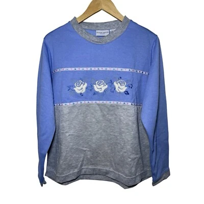 90s Vintage Blue & Gray Floral Embroidered Color Block Pullover Sweatshirt L - Image 1 of 4
