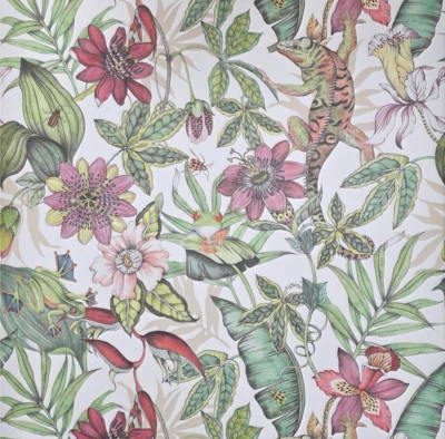 Multicolor white Jungle Tropical flower rainforest leaves frogs lizard Wallpaper - Image 1 of 4