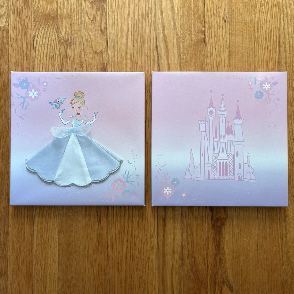 Disney Cinderella Castle Canvas Art Set (2) – Pink Glitter 3D Tulle Dress Decor - Image 1 of 4