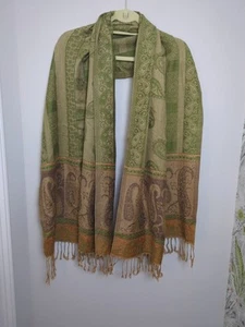 Paisley Pashmina & Silk Scarf Shawl Wrap One Size Elegant Sage Green/Orange - Picture 1 of 10
