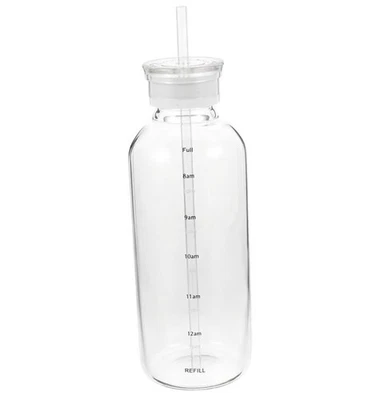 24 oz Glass Bottle New with Time Marker, Straw and 2 Lids - Image 1 of 3