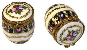 LIMOGES France PEINT MAIN HINGED Trinket Box-Unique BARREL w/ ROSES-Lay or Stand - Picture 1 of 9
