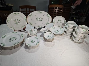 Vintage fine china ORI5 Orion japan Set For 6. 47 Pc. Green And Pink Bamboo Nic - Picture 1 of 22