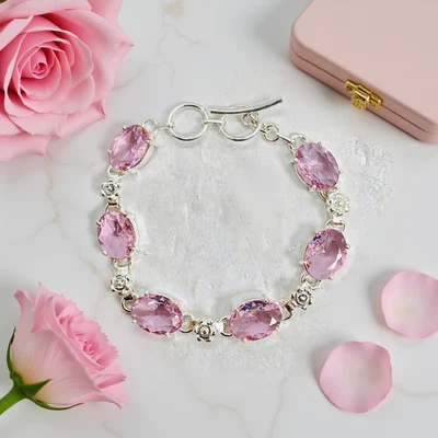 Pink Sapphire Bracelet: Oval Gemstone, Sterling Silver, Healing Crystal - Image 1 of 4