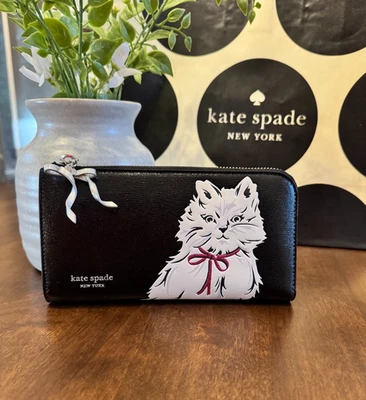 Cartera Continental Kate Spade Whiskers Cuero Saffiano Cremallera Alrededor Arco Gato Blanco Foto 1 de 4