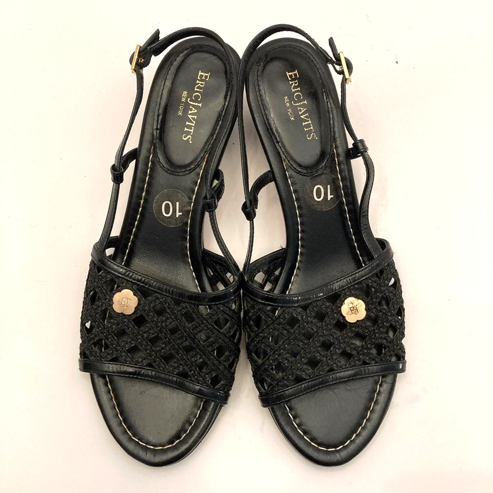 Sandalias Eric Javits New York para mujer 10M con tiras de cuero negro Foto 1 de 4