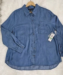 Camicia donna Chambray Style & Co nuova con etichetta, taglia L abbottonata, dettaglio zip tasca - Foto 1 di 9