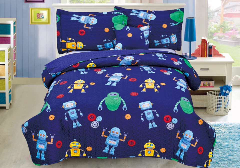 Blue Robot 4 Pcs Twin / Full Size Kids Boys Girls Quilt/ Shams/ Cushion Set- NEW - Image 1 of 1