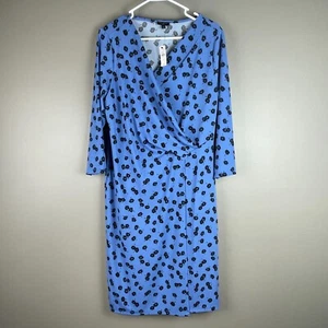 Talbots Dress Size Plus X (12/14) Faux Wrap Blue With Black Flowers 3/4 Sleeve - Picture 1 of 9