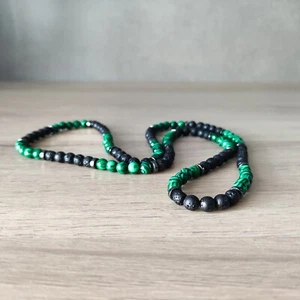 Natural Green Malachite Necklace Men's Black Lava Stone Hematite Surfer Choker - Picture 1 of 3