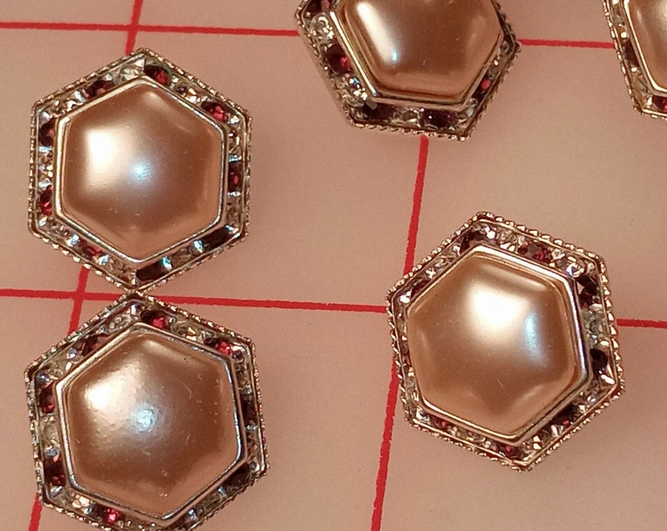 5 Fine Vintage Czech Shank Button Hexagon Pearl Tiny Rhinestones Clear Plum 3/4" - Image 1 of 4