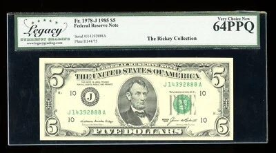 DBR 1985 $5 FRN Kansas City Fr. 1978-J Legacy 64 PPQ Serial J14392888A - Image 1 of 2