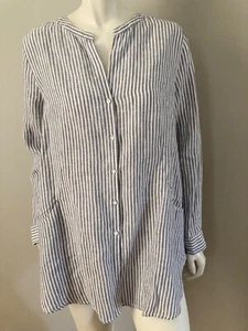 NWOT Sigrid Olsen blue pinstripe linen tunic Long sleeves LG Beachy Coastal - Picture 1 of 3