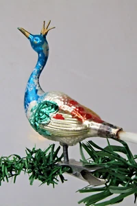 Vintage Glass Silver PEACOCK CRANE Clip On Spun Tail Christmas Ornament Germany - Picture 1 of 9